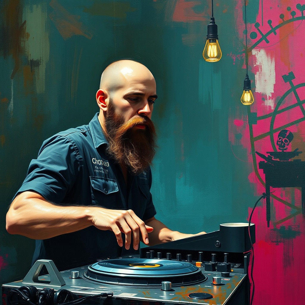 Bearded DJ Oil Painting in Lyrical Abstraction