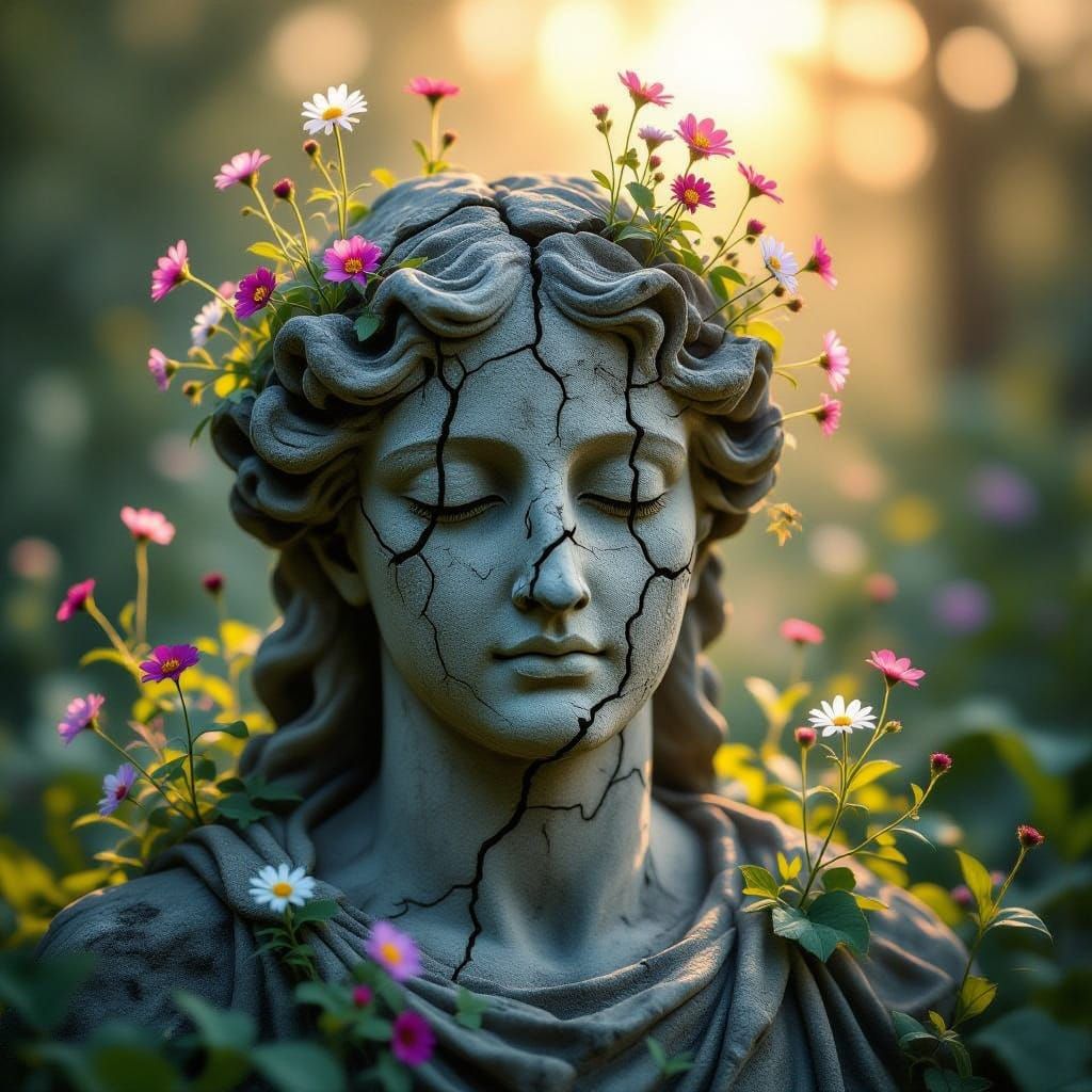 Stone Statue Heals With Flowers Blooming From Cracks