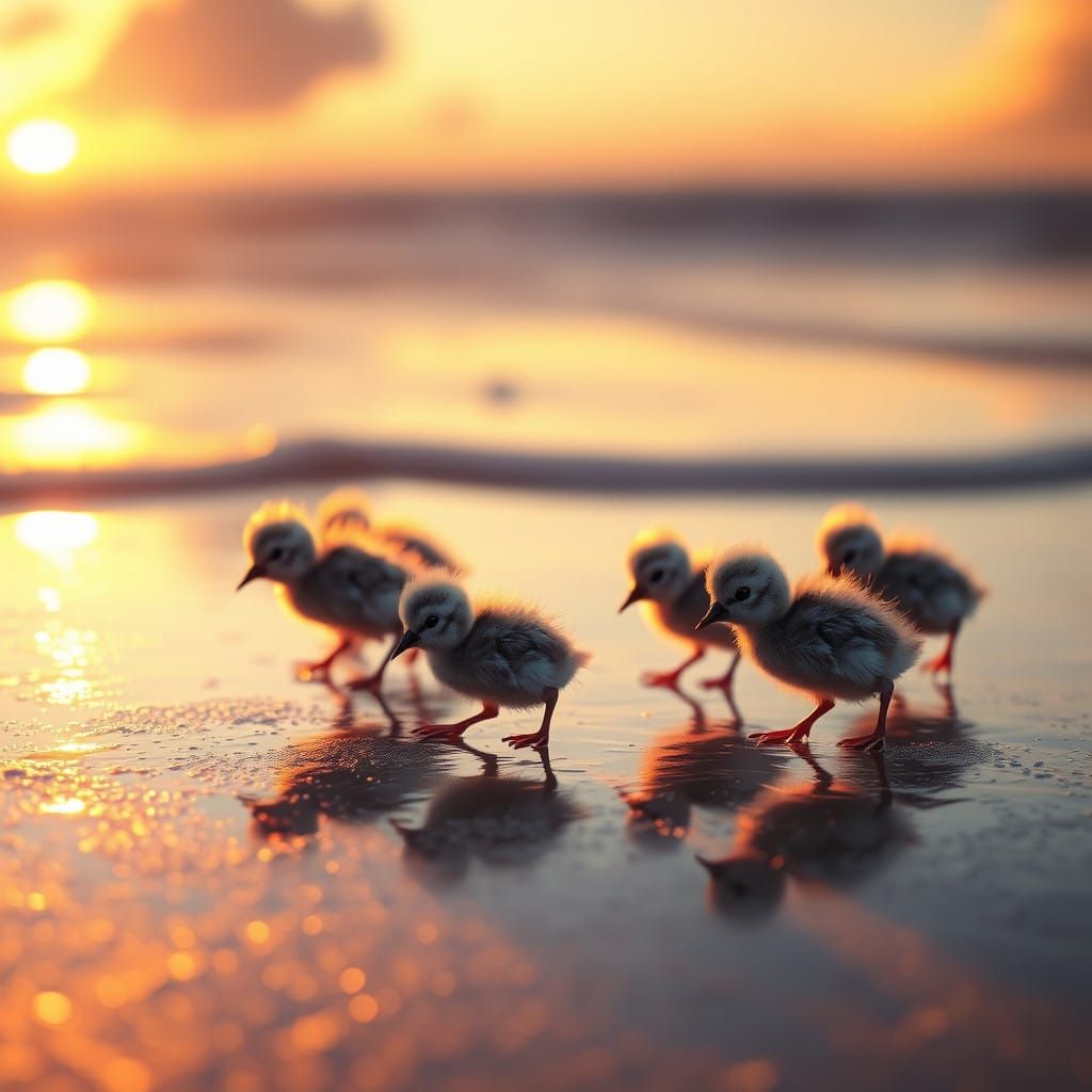 Adorable Sandpiper Chicks in Ethereal Sunset Scene