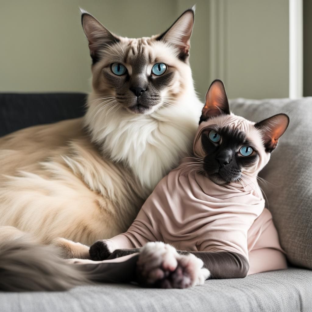 Ragdoll Cat and Sphynx Cat Cuddling