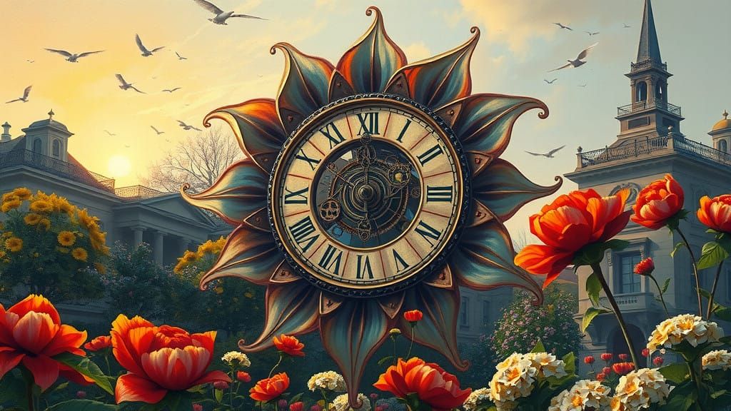 Steampunk Floral Timepiece in Vibrant Autumn Landscape