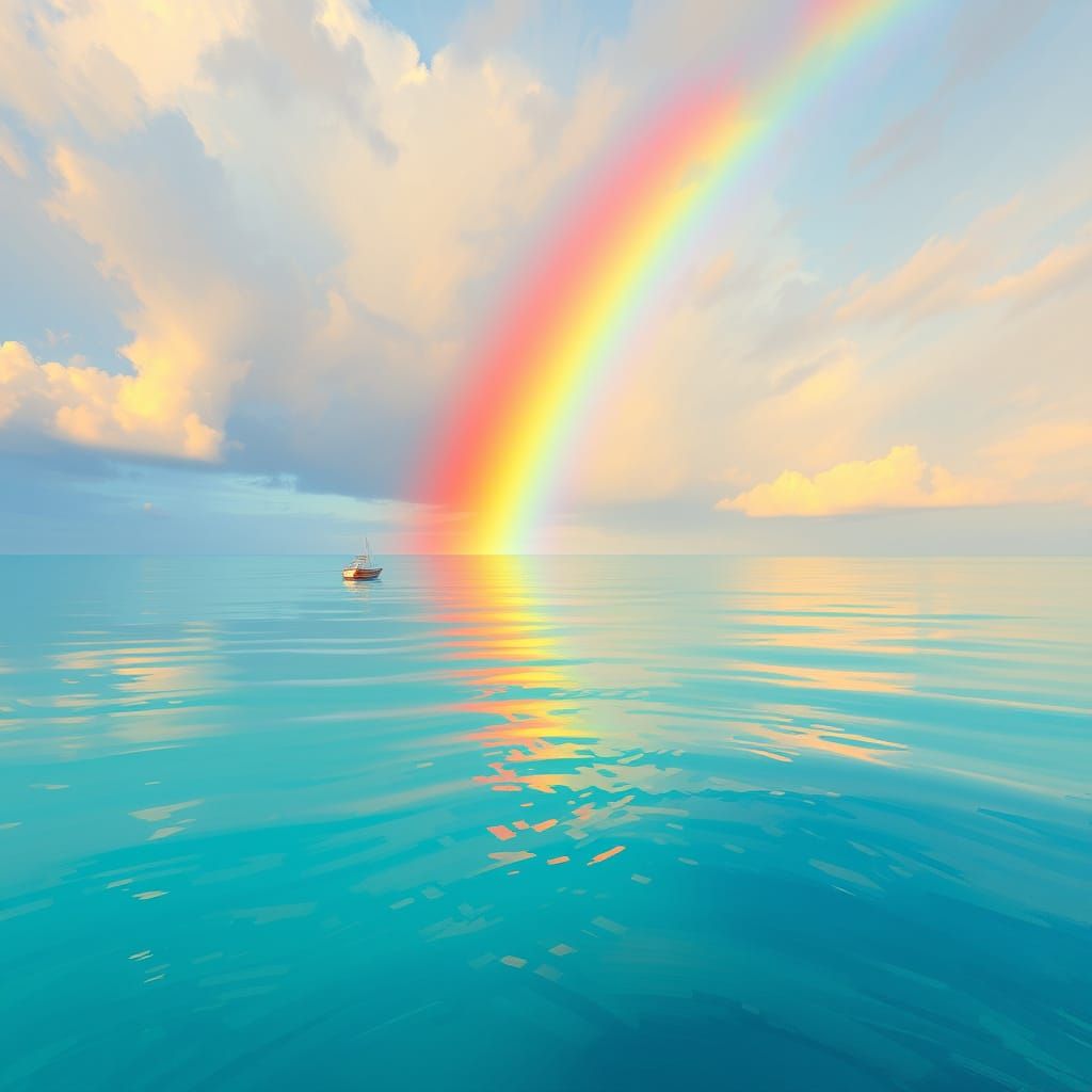 Vibrant Rainbow Reflected in Turquoise Sea, Impressionistic ...