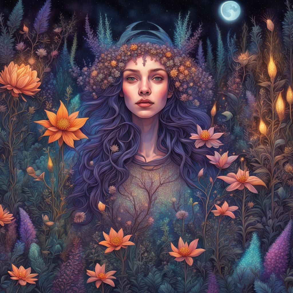 Whimsical Witch in Forest of Magical Flora