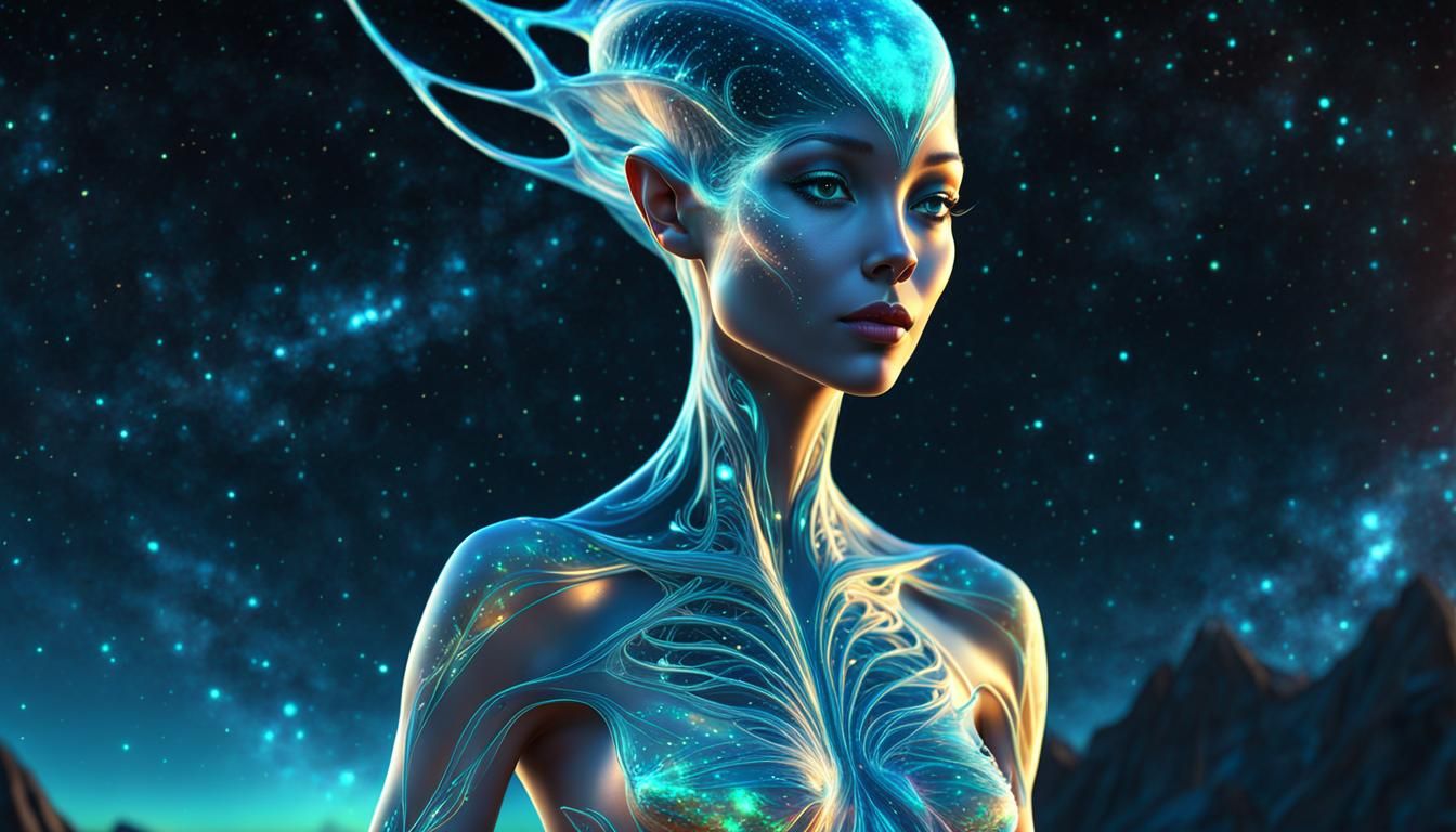 Opalescent Alien Beauty in Galactic Starscape