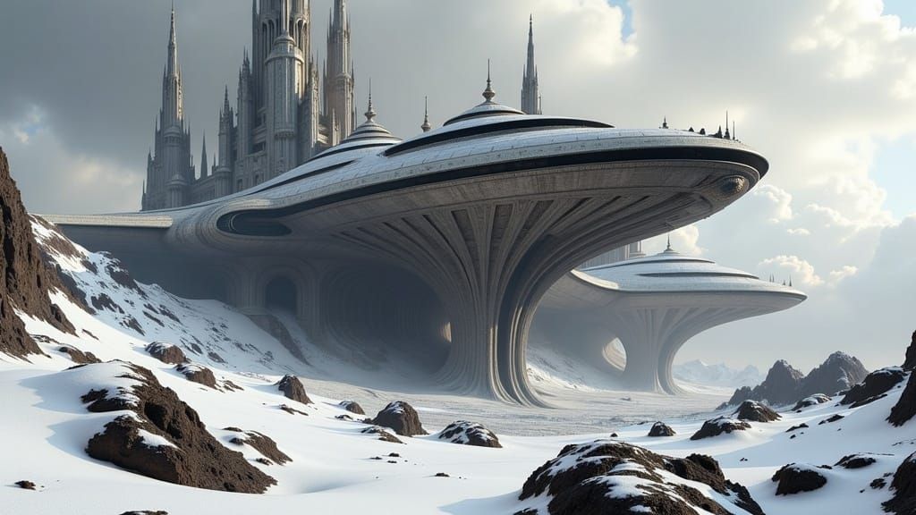 Brutalist Concrete Castle on Snowy Mountain