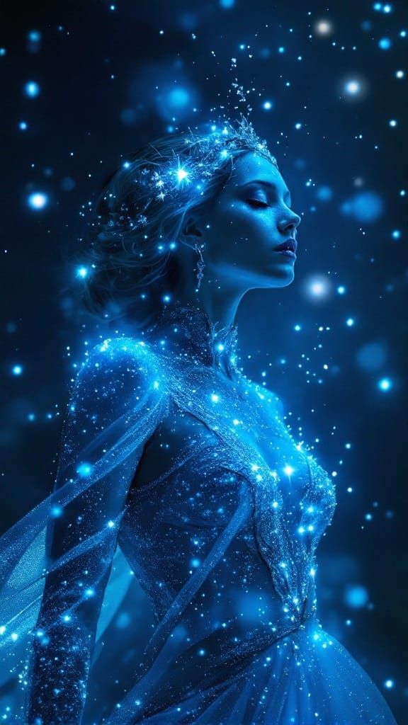 Mystical Woman in Sparkling Blue Glittering Light Dress Unde...