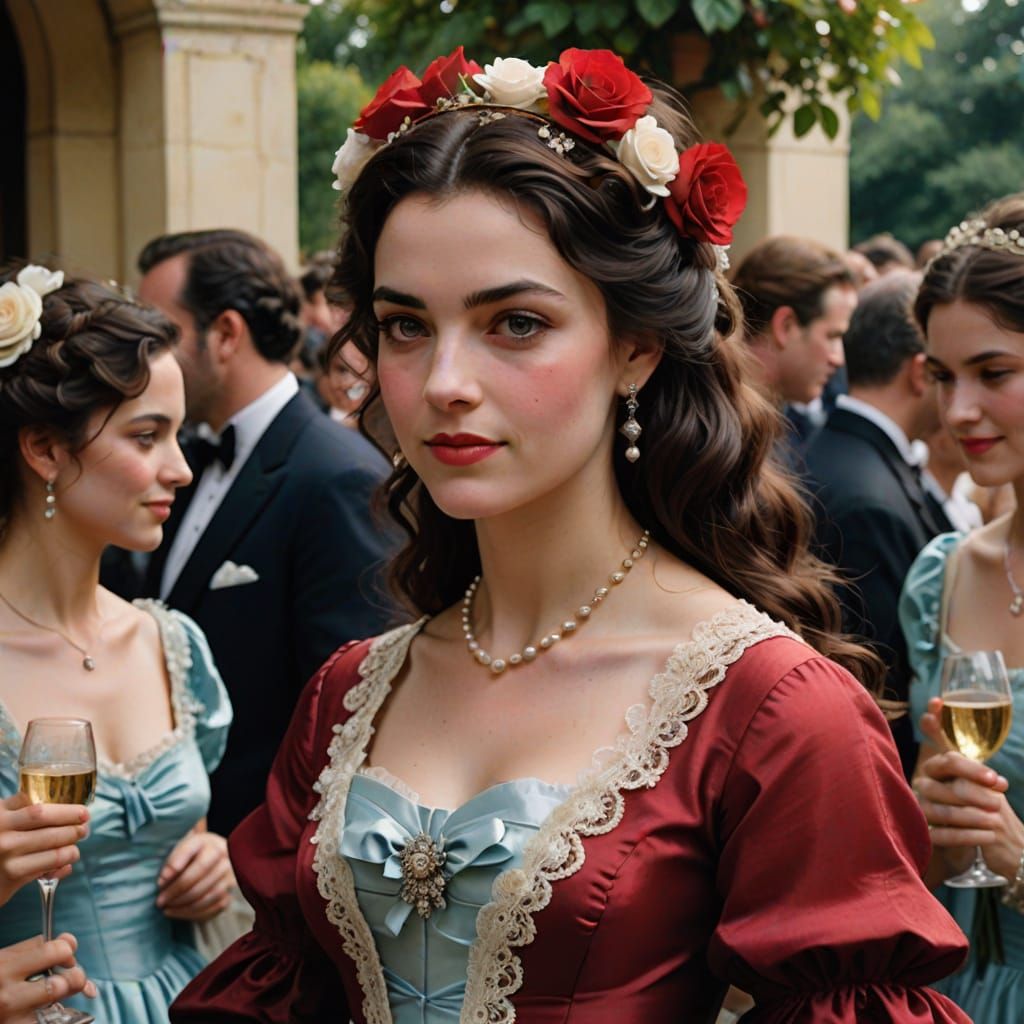 Elegant 17th Century Parisian Woman in Lavish Garden Setting