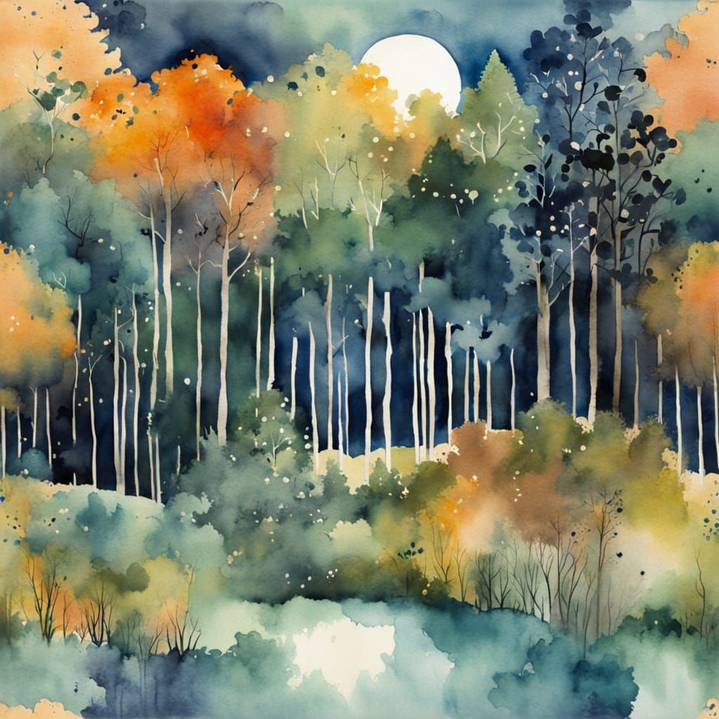 Moonlit Forest: Whimsical Watercolor Impressionist Dreamscap...
