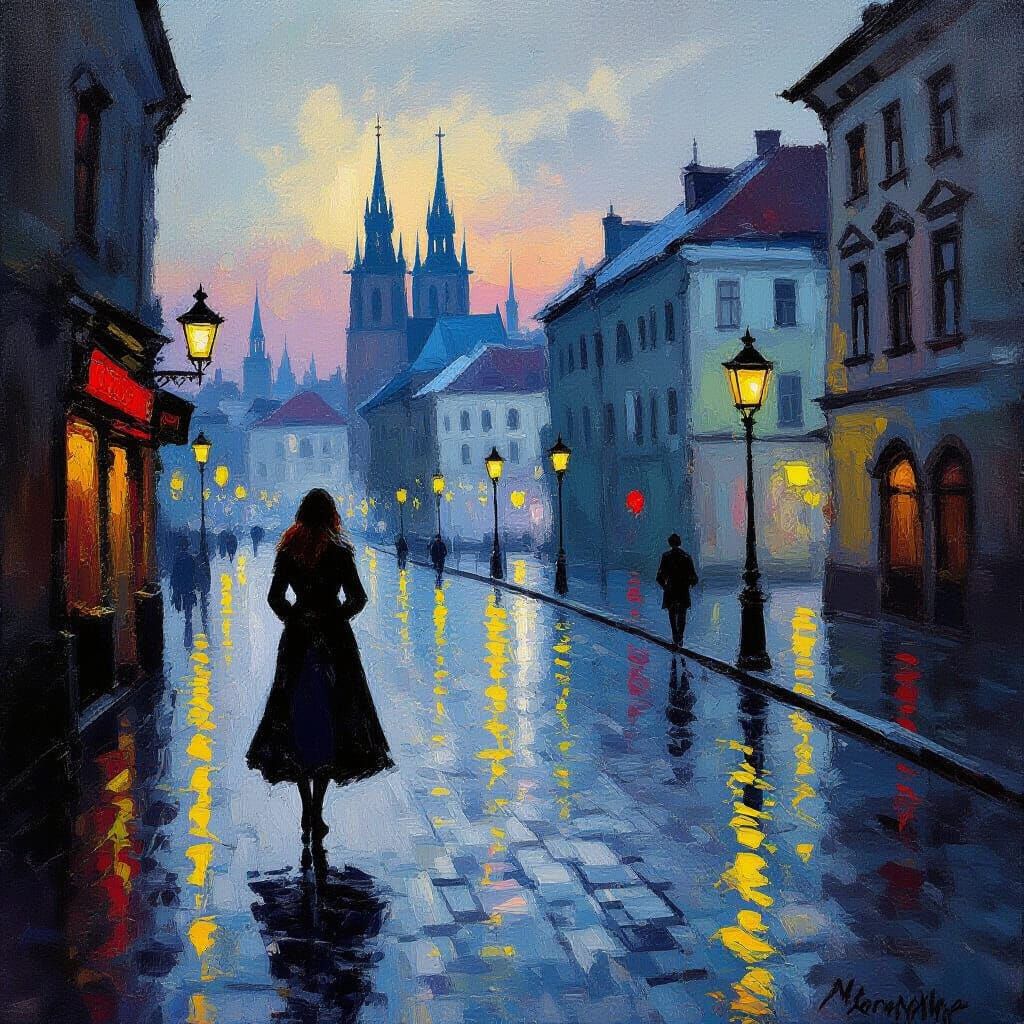 Russian Woman on Wet Cobblestone Street at Dusk