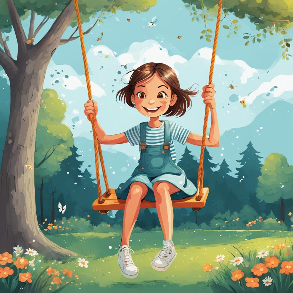 Cheerful Girl Swings in a Whimsical Wonderland