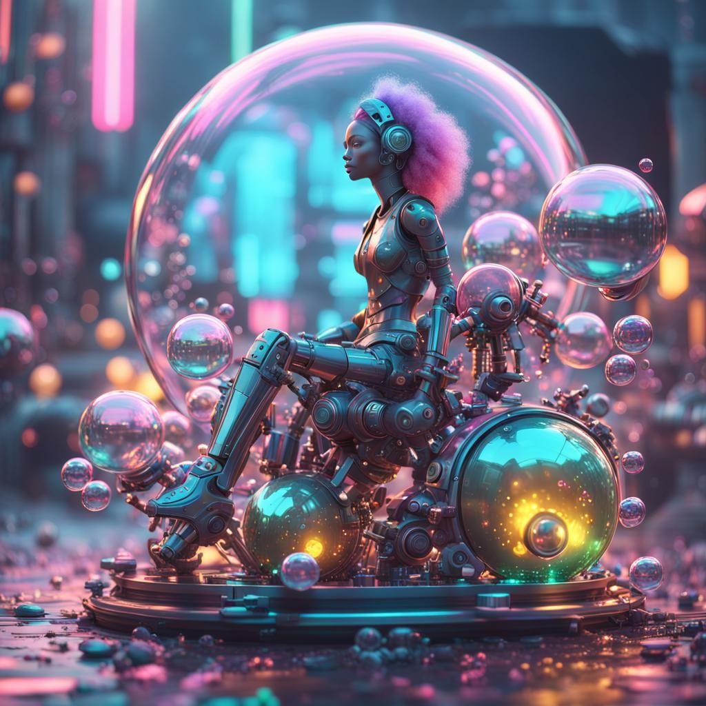Mechanical Mermaid in Neon Bubble City