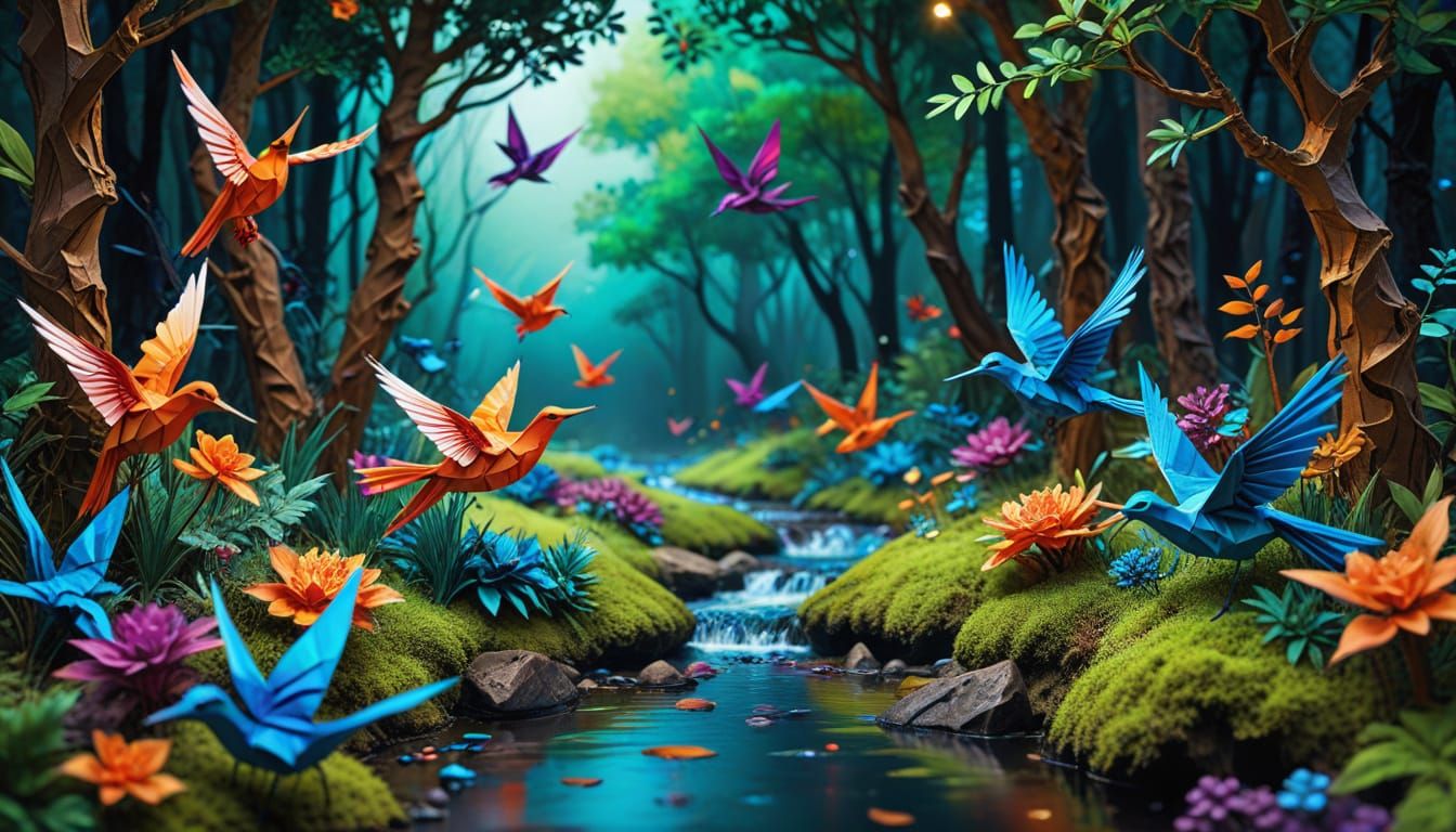 Origami Forest with Paper Animals and Birds