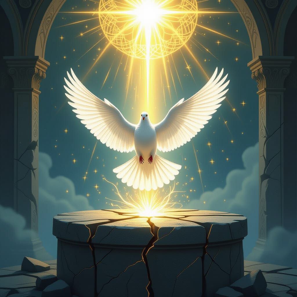 Ethereal Dove Ascends from Broken Altar in Golden Light