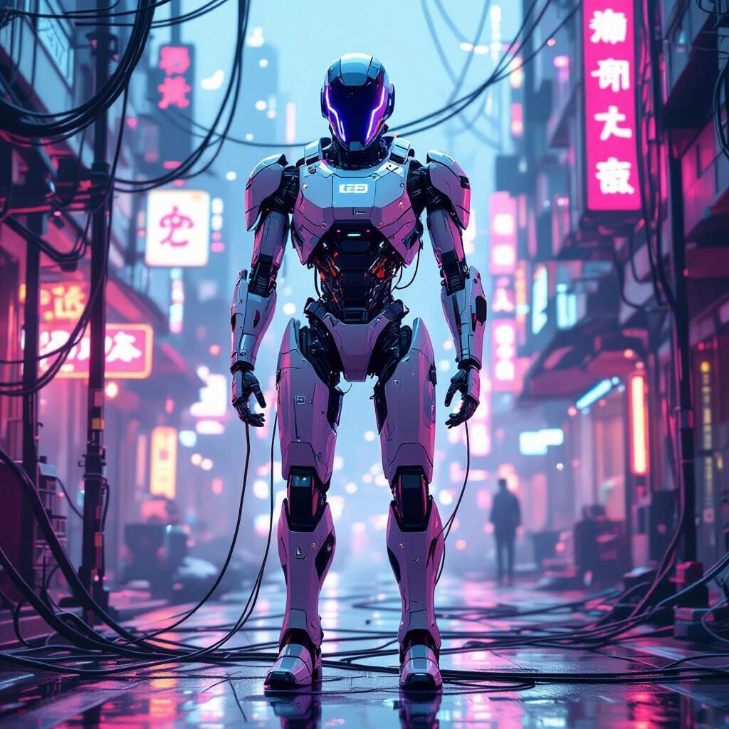 Futuristic Robot ZYPERS in Cyberpunk Cityscape