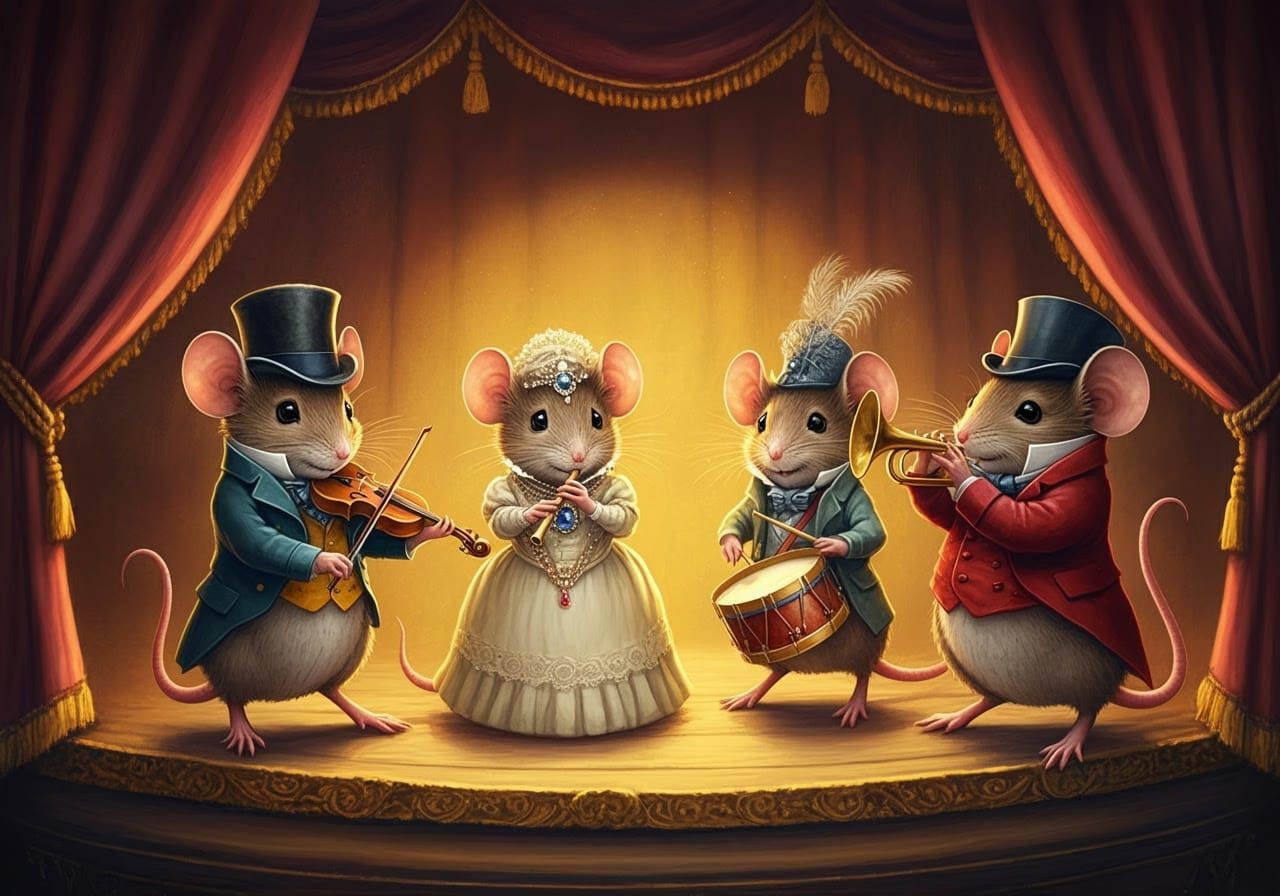 Mice in Elegant Victorian Attire Gather Around a Golden Stag...
