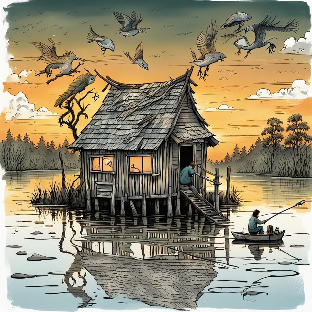 Whimsical Fishing Hut in a Magical Swamp