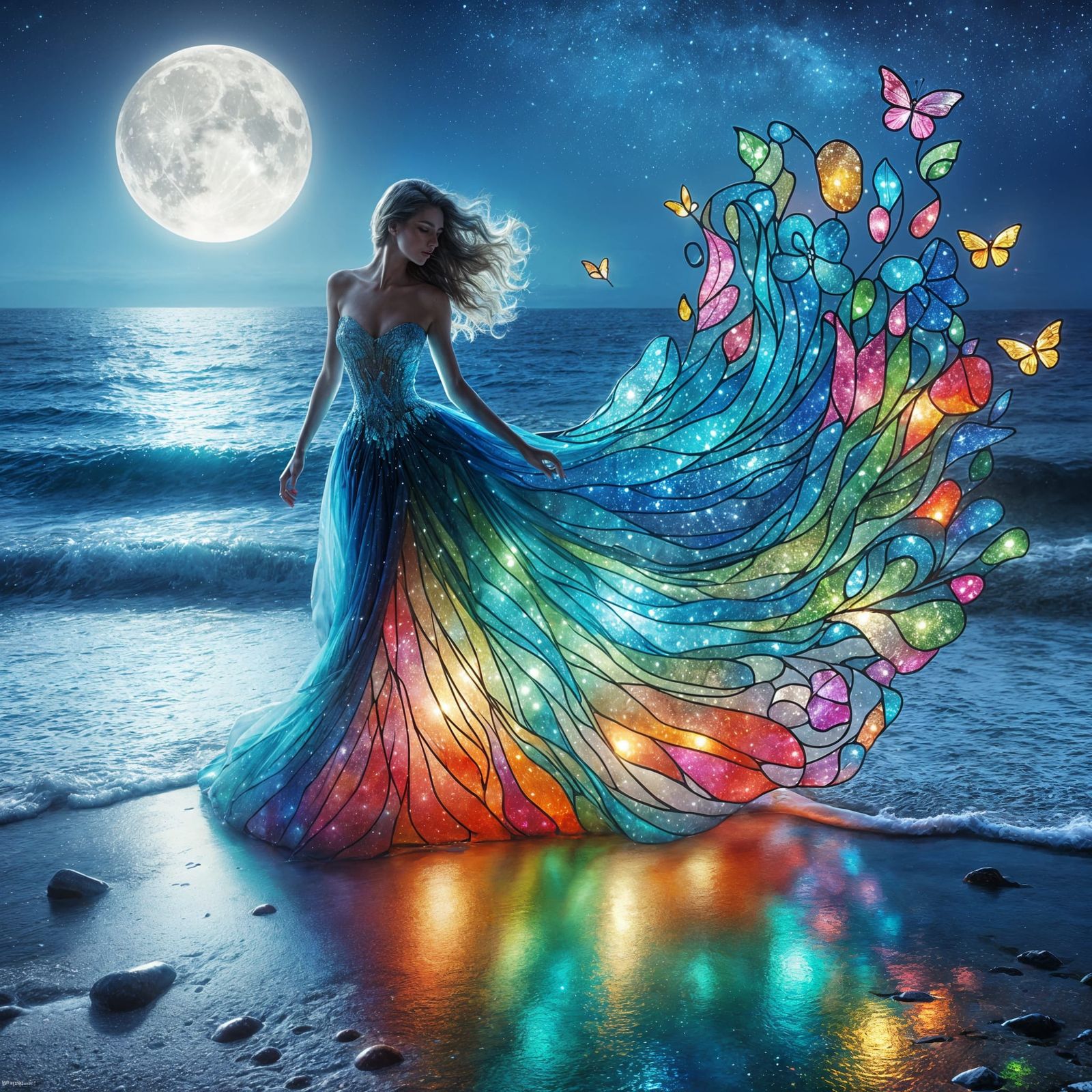 Ethereal Woman in Stained Glass Gown on Moonlit Beach