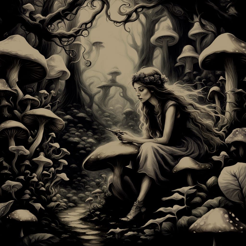 Girl in Fairy Garden with Magic Mushrooms