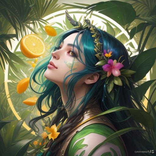 Vibrant Fruit Party Host in Whimsical, High-Fantasy Art