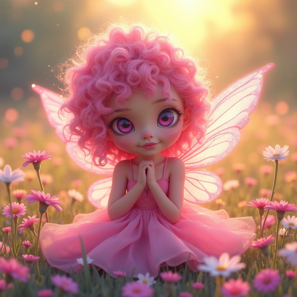 Glowing Fairy in Flower Field, Impressionistic Style