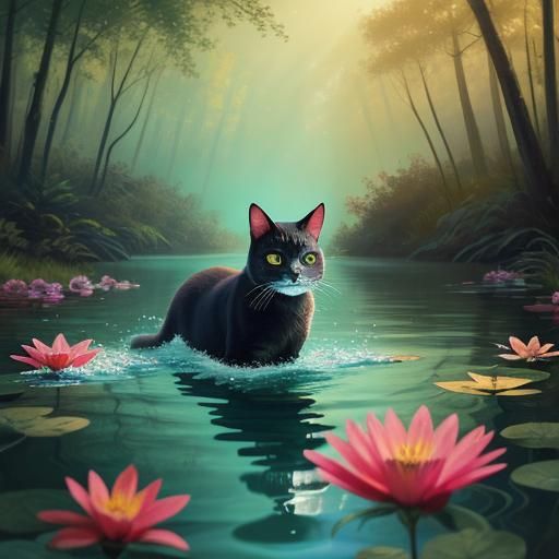 Hyperrealistic Cat Swimming in Floral Forest Lake