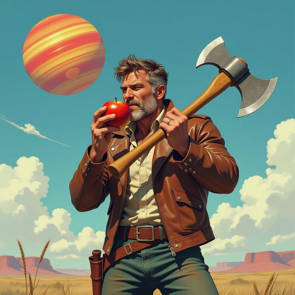 Rugged Man with Axe Eats Apple, Gazes at Red Planet