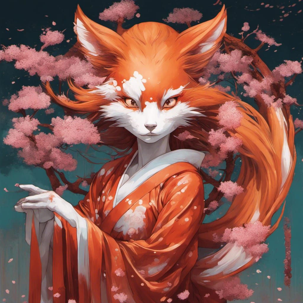 Sakura Tree Kitsune Woman in Art Nouveau Style