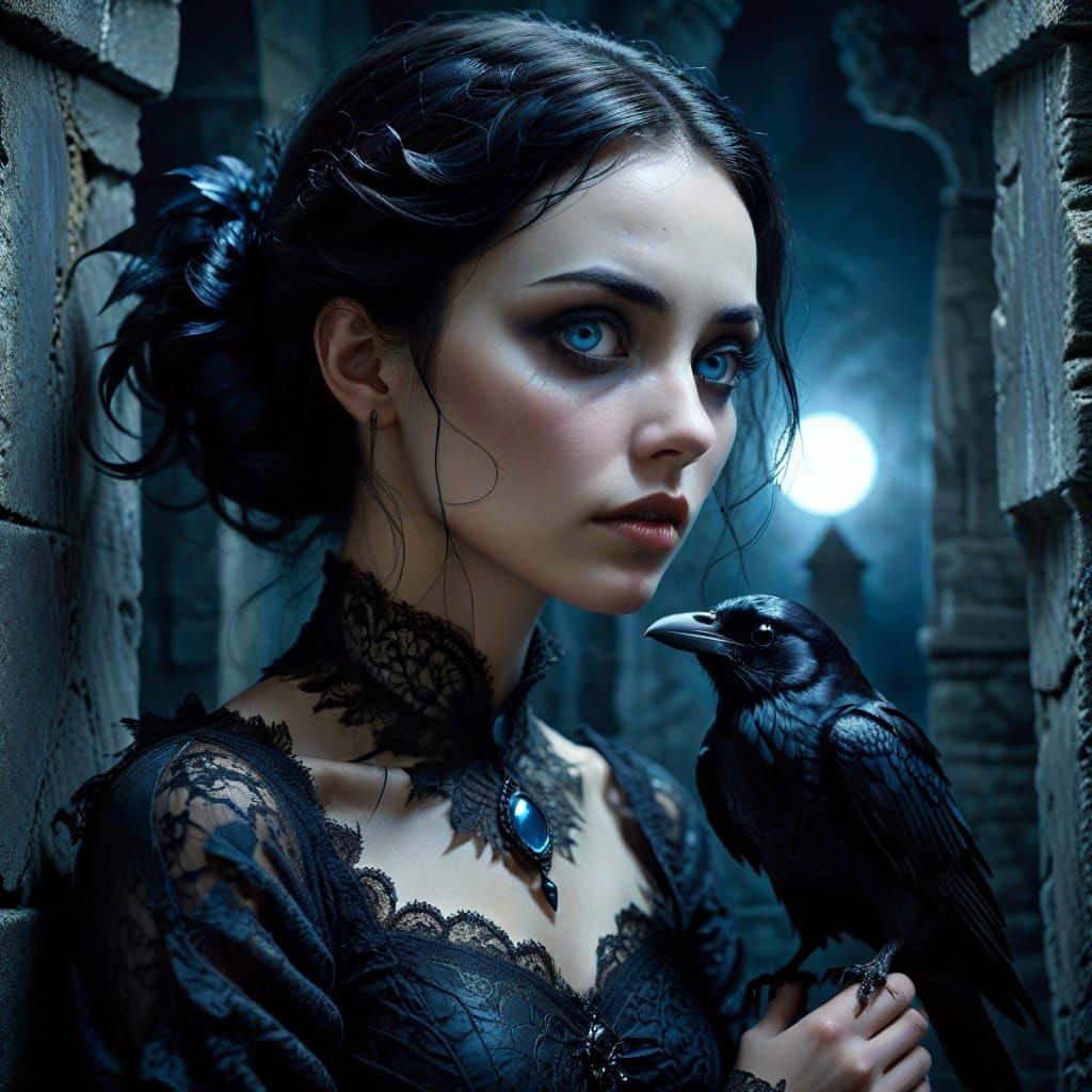 Gothic Woman with Raven in Dark Romanticism Style
