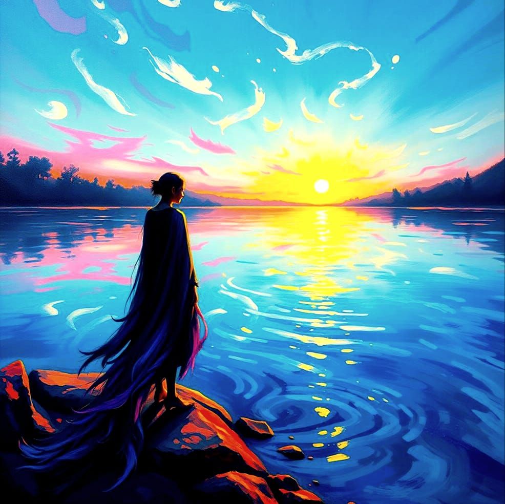 Mystical Figure at Dreamlike Lake: Surrealist Oil Painting