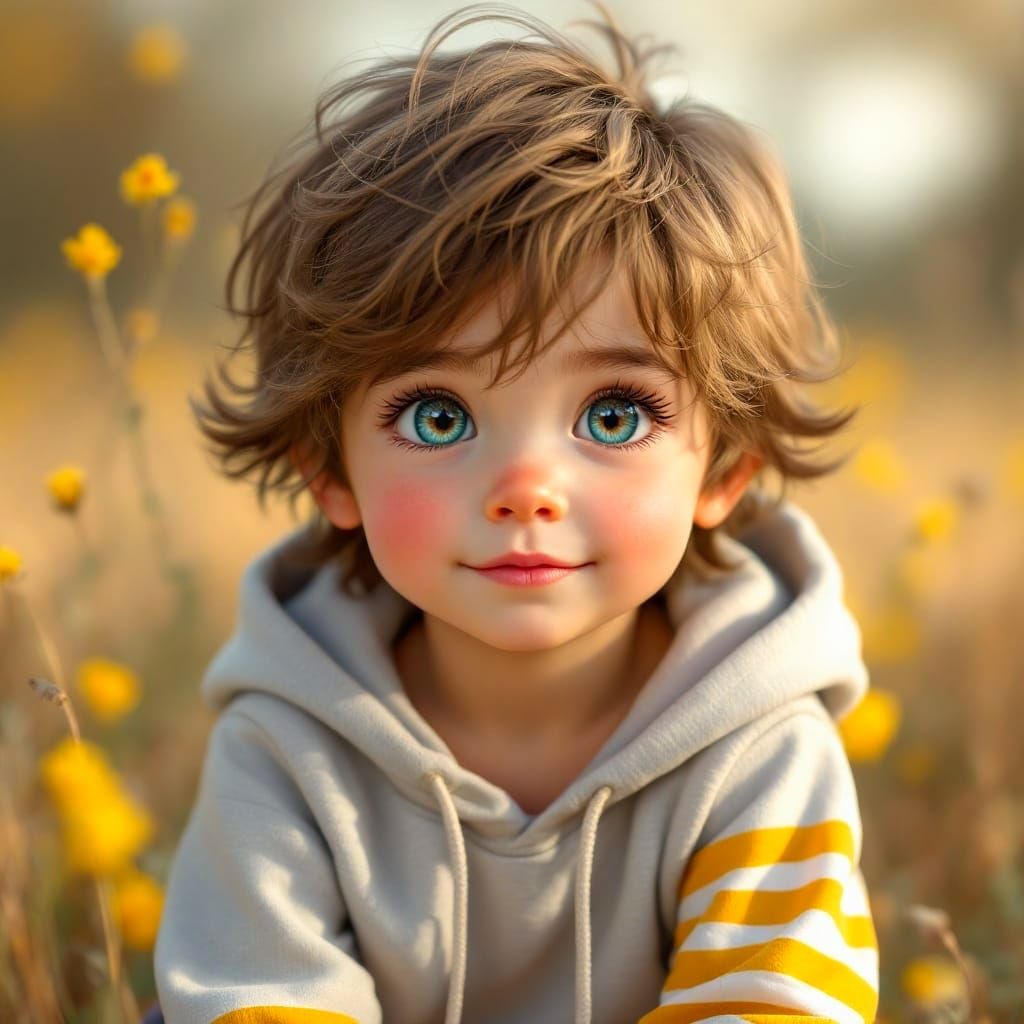 Young Girl with Vibrant Eyes and Soft Meadow Background