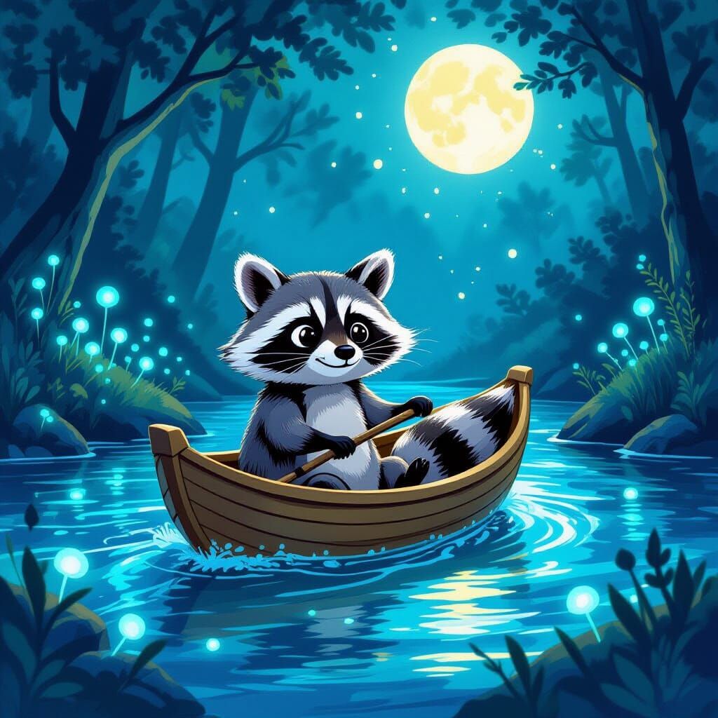Raccoon's Moonlit Voyage: Whimsical Gouache Illustration