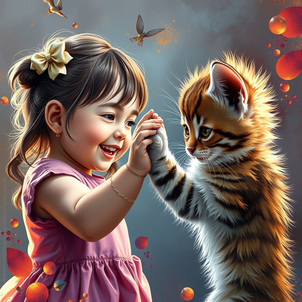 Cute Toddler and Kitten High Five Moment in Vibrant Colors