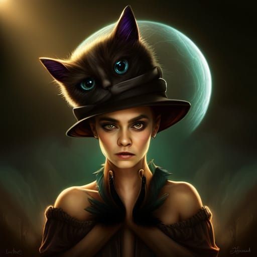 Cute Skeleton Witch Creature with Kitten, Digital Art