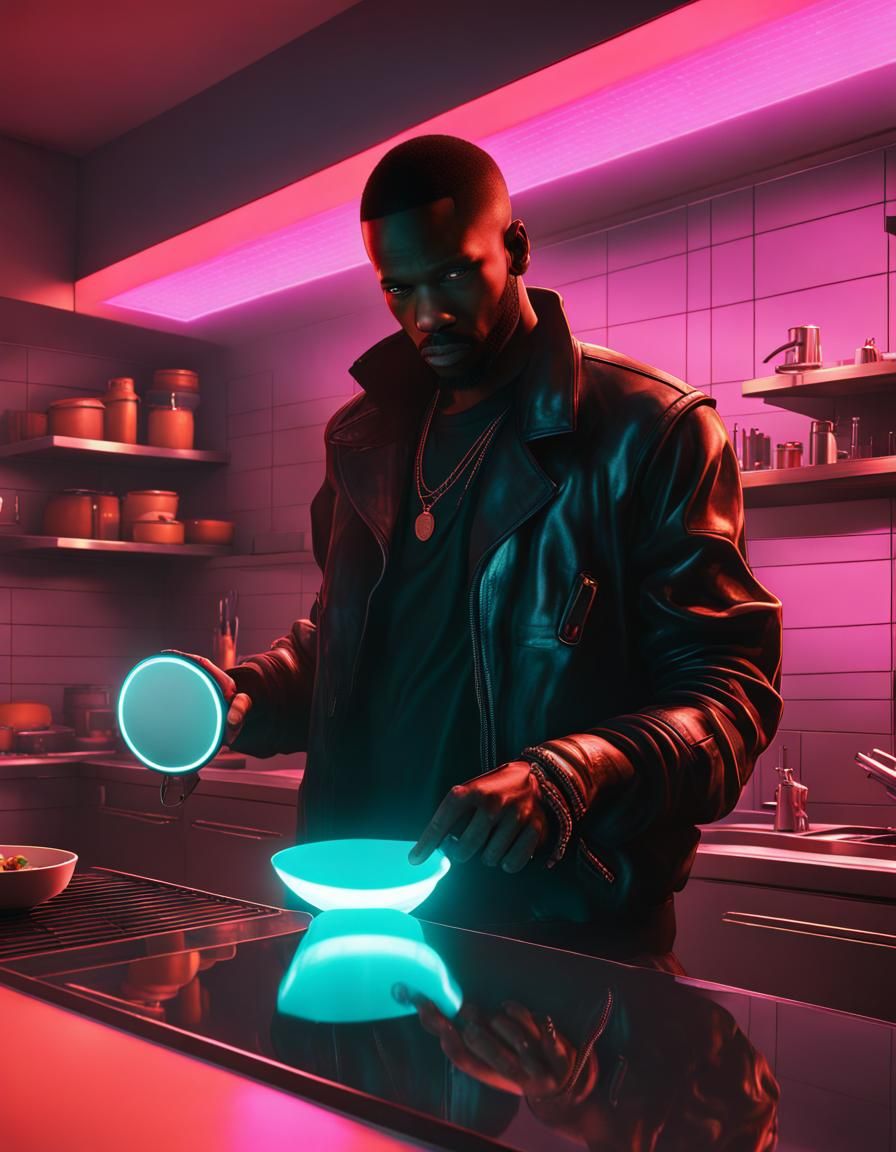 Rapper in Cyberpunk Kitchen with Neon Lighting