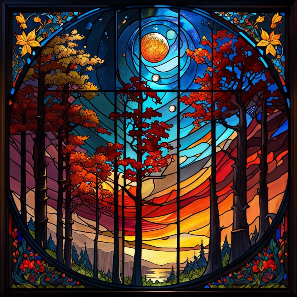 Stained Glass Night Sky Summer Forest Fire