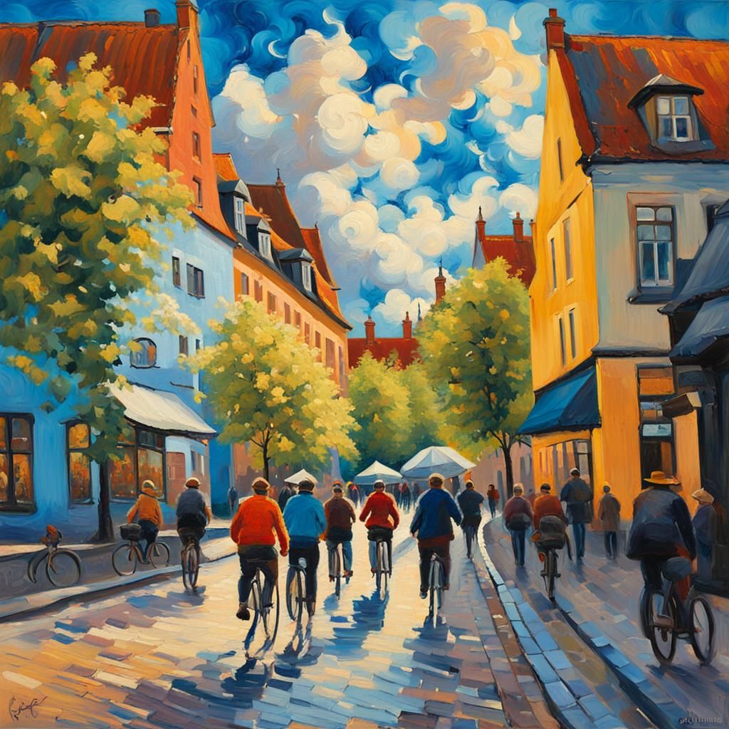 Vibrant Odense Street Scene as Expressionist Oil Painting