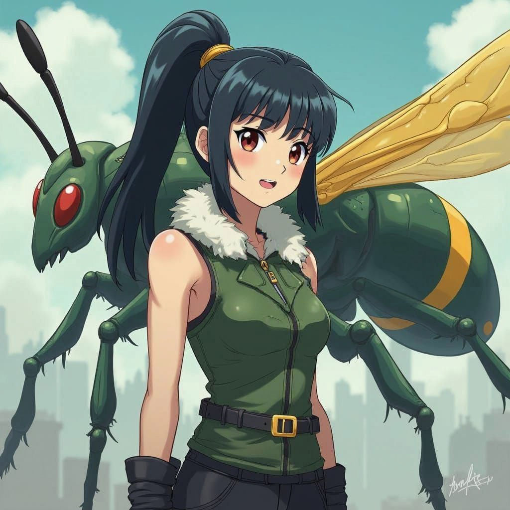Sci-Fi Pilot Girl with Giant Wasp in Anime Style