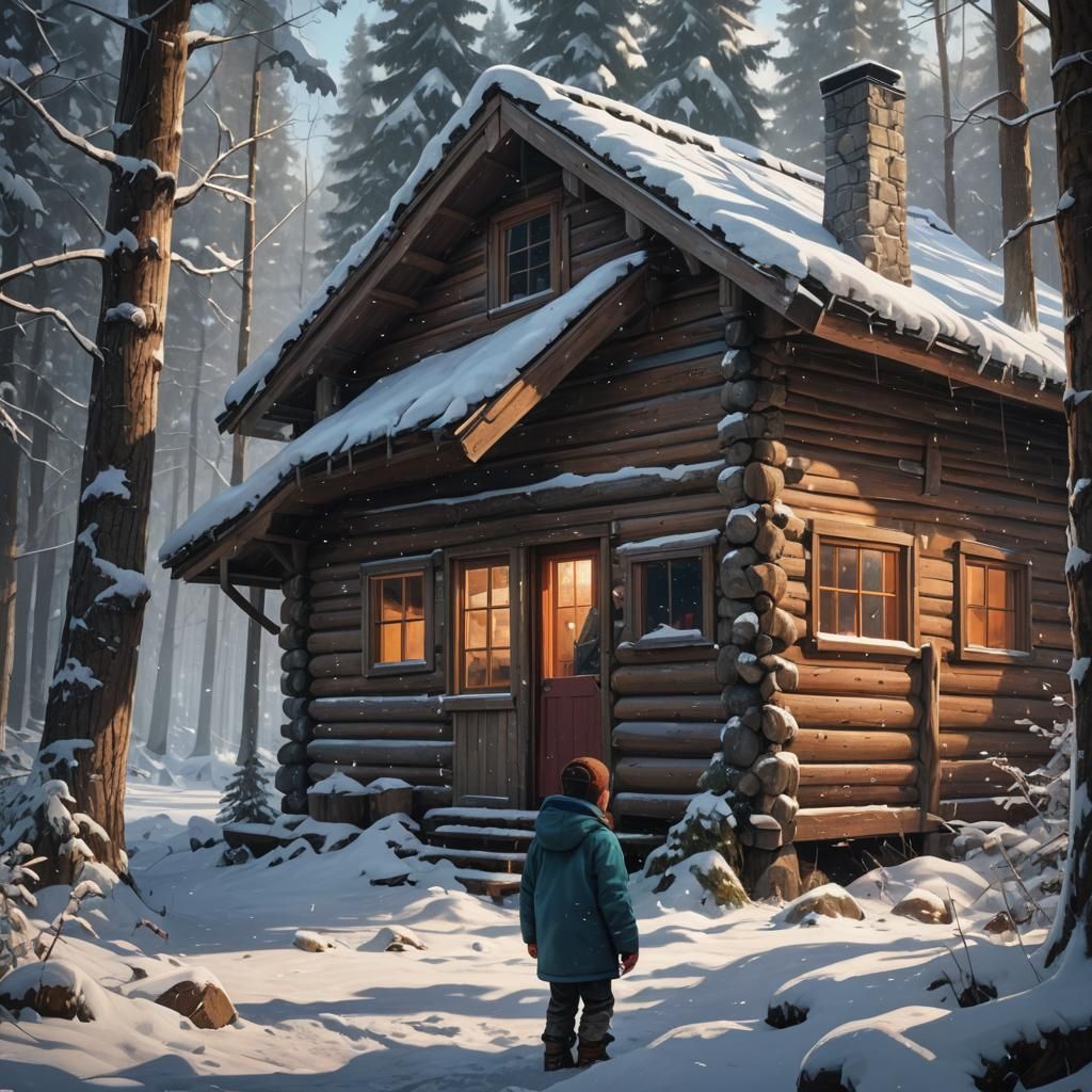 Winter Cabin in Woods with Child, Hyperrealistic Art