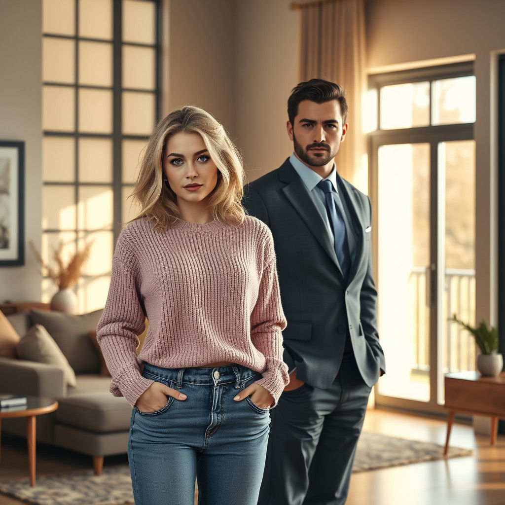 Blonde Woman and Man in Minimalist Living Room