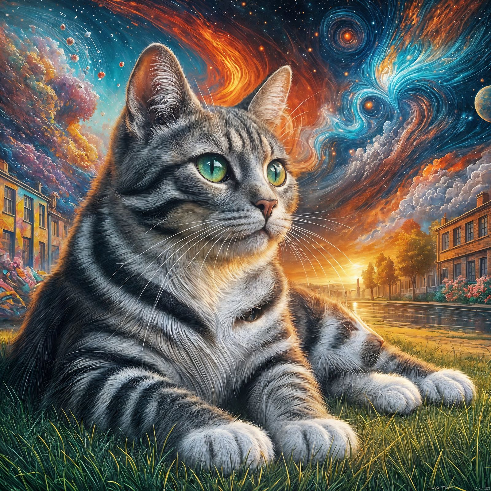 Cosmic Cat Lounging Under Street Art Sky