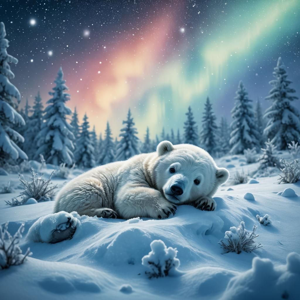 Sleeping Polar Bear Cub in Nordic Impressionism Style