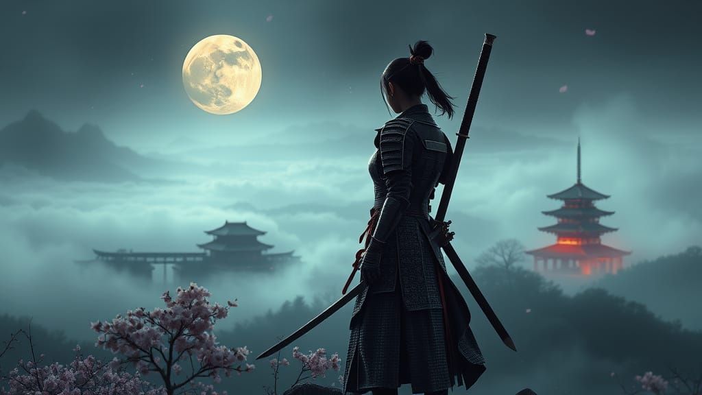 Female Samurai on Misty Mountaintop Landscape