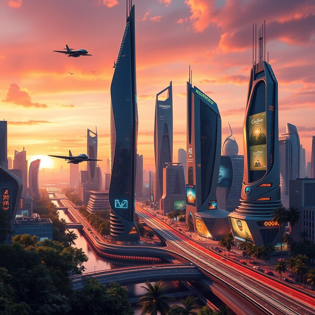 Sleek Futuristic Cityscape at Sunset with Angular Skyscraper...