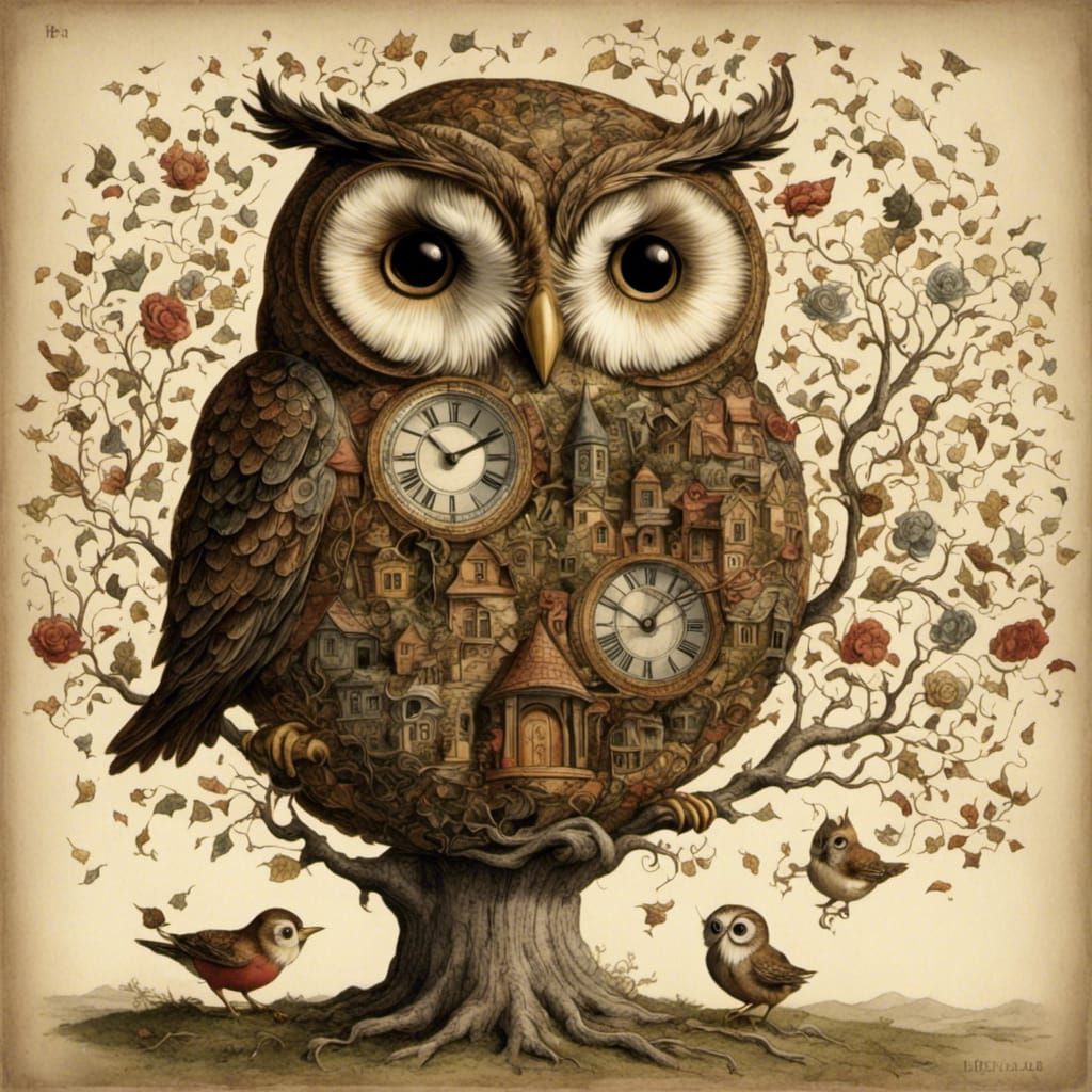 Whimsical Owl in Tree with Teacups
