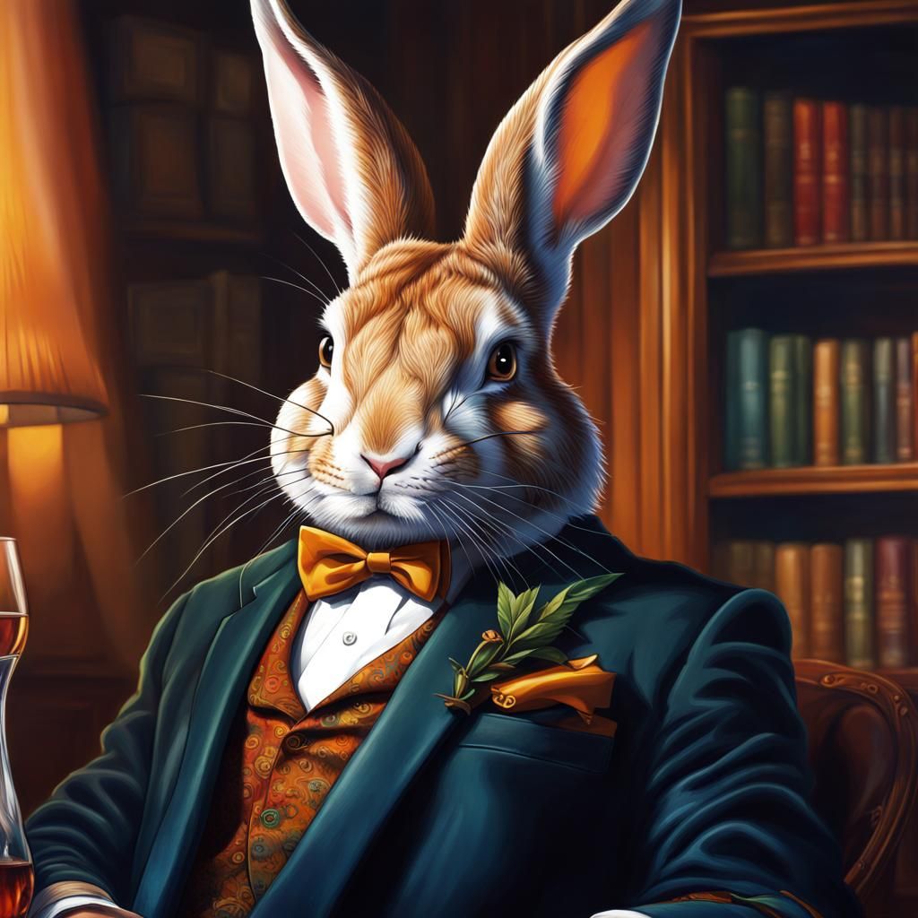 Gentleman Rabbit Enjoying Whisky: Hyperrealistic Concept Art