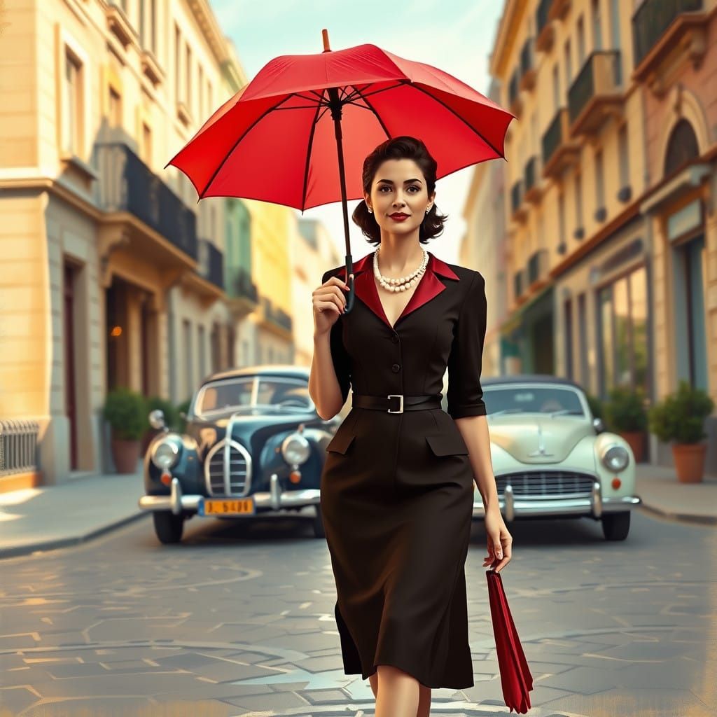Elegant Woman Strolls Under Vintage Red Umbrella in Impressi...