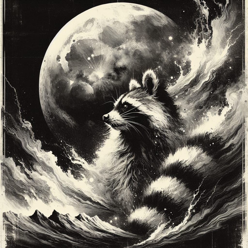Monochrome Raccoon Painting with Phosphorous Watercolor