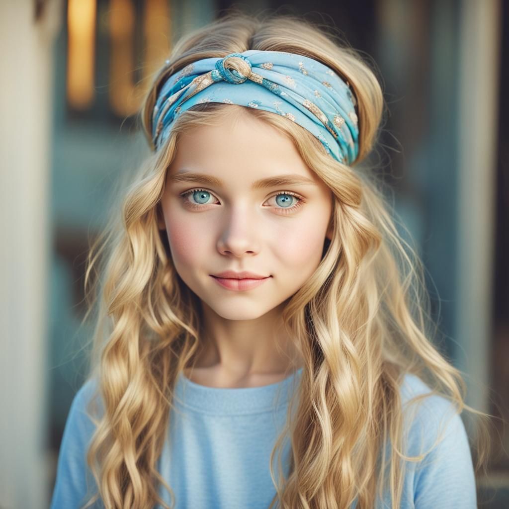 Portrait of a Beautiful Blonde Girl with Blue Eyes