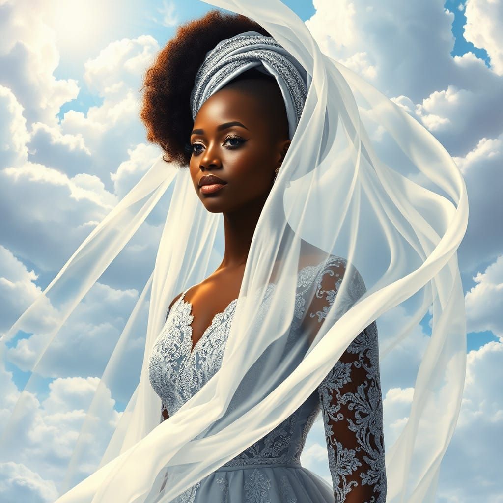 Regal Black Goddess in Shimmering Silver Gown