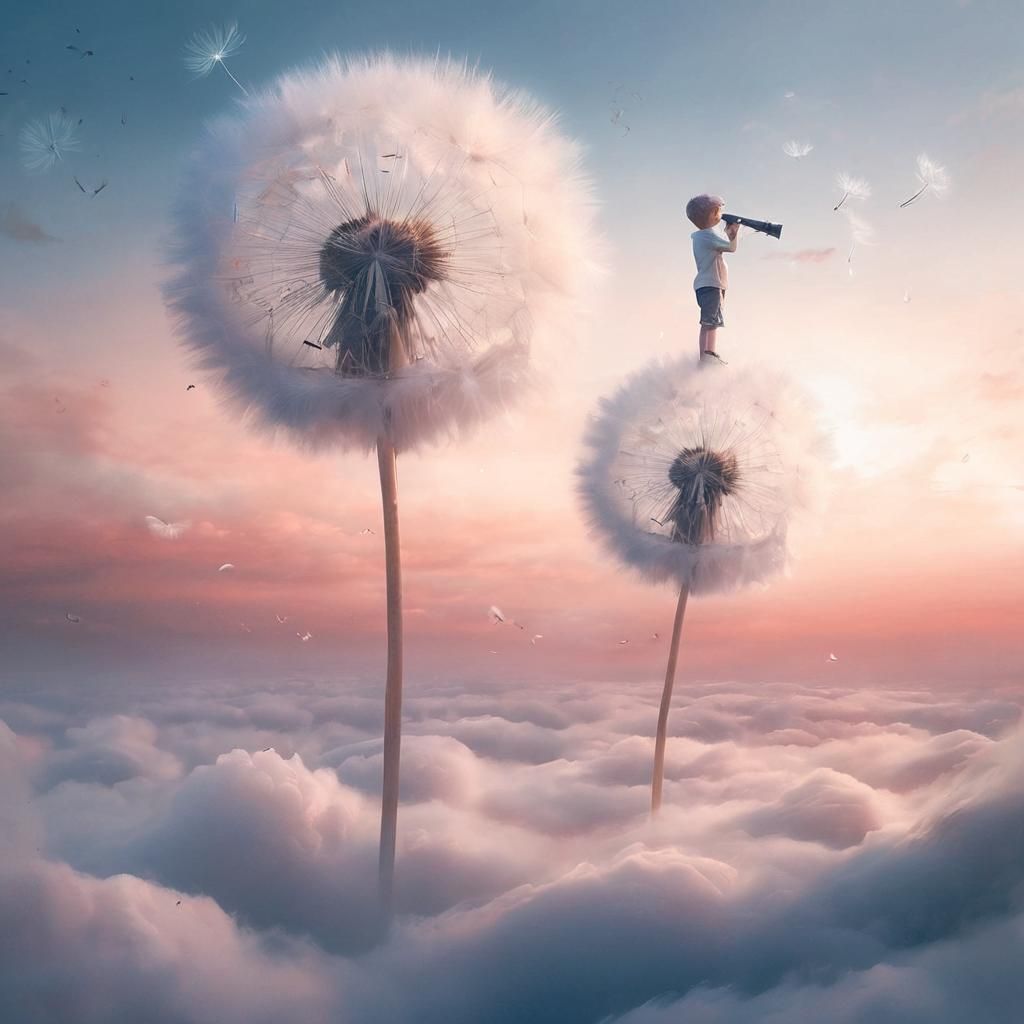 Boy Soaring on Dandelions Towards the Horizon